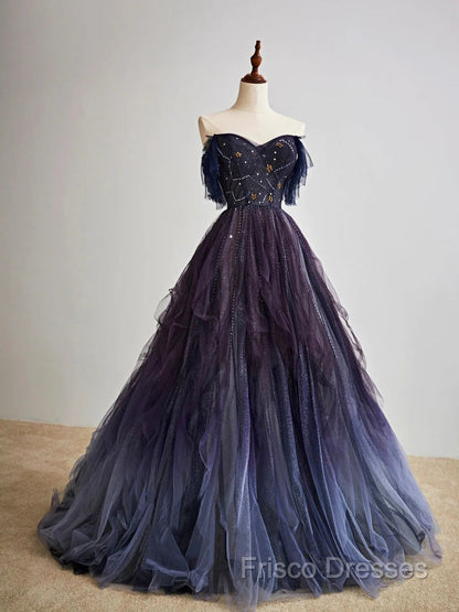 A-Line Purple Gradient Tulle Long Formal Prom Dress