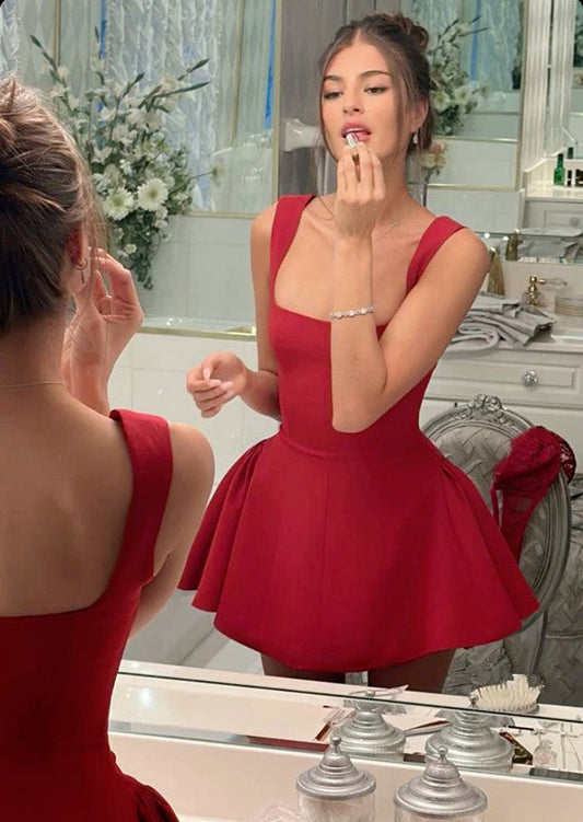 A line red square neck dress sexy party dress Homecoming Dress