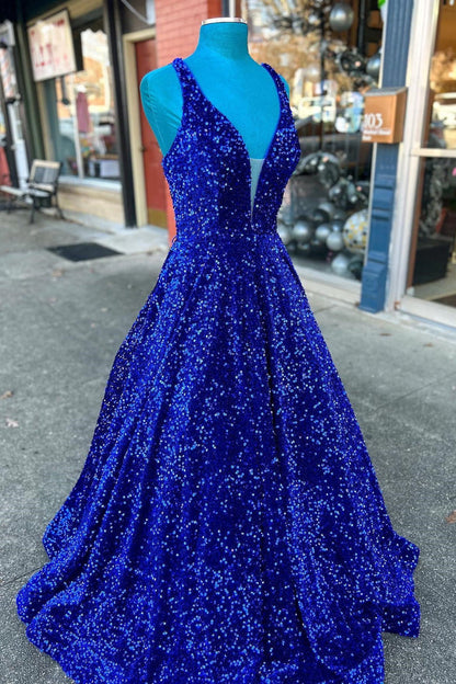 A-line Royal Blue Sequin V Neck Long Prom Dress
