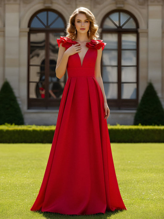 A-line Sculptural Shoulder Ruffle V-neck Long Dress Red