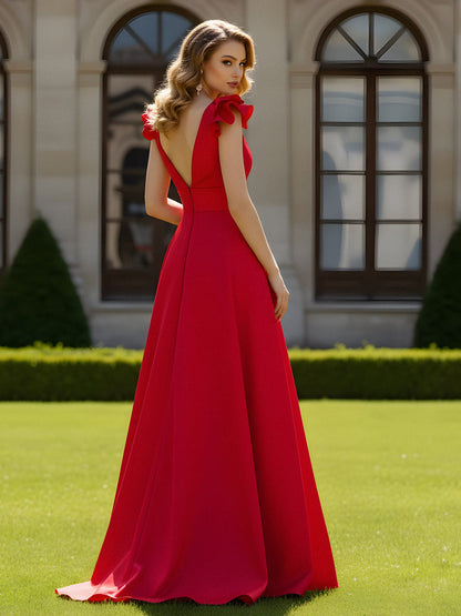 A-line Sculptural Shoulder Ruffle V-neck Long Dress Red
