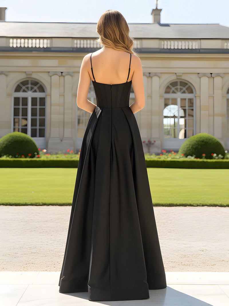 A-Line Spaghetti Straps Cowl Neck Satin Dress Black