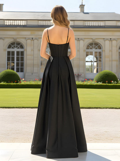 A-Line Spaghetti Straps Cowl Neck Satin Dress Black
