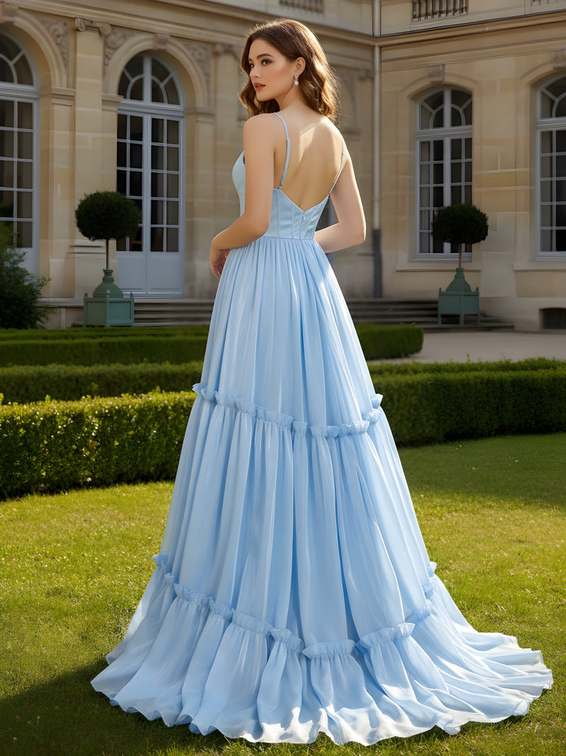 A-Line Spaghetti Straps V-neck Tiered Dress Sky Blue