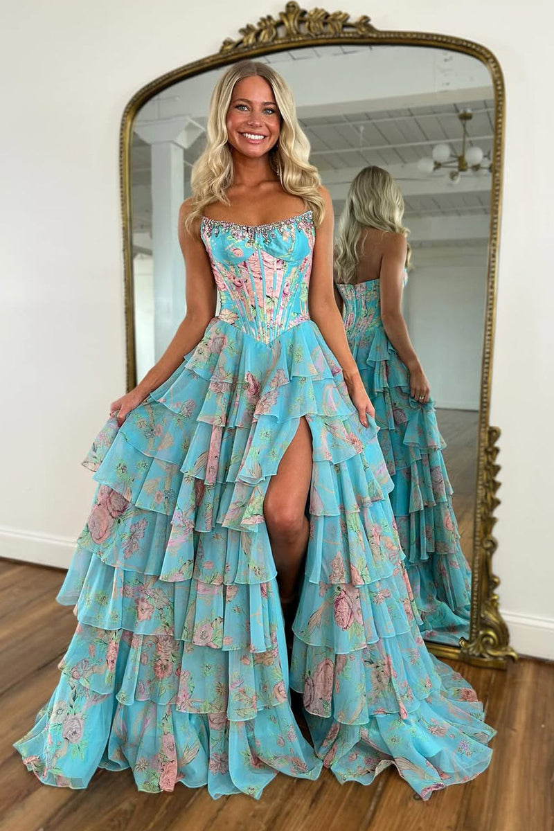A-Line Strapless Floral Printed Chiffon Ruffle Tiered Corset Long Prom Dresses with Slit