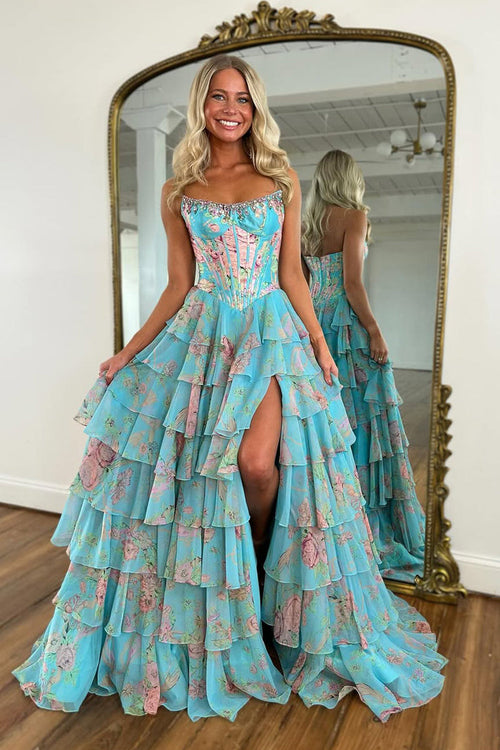 A-Line Strapless Floral Printed Chiffon Ruffle Tiered Corset Long Prom Dresses with Slit