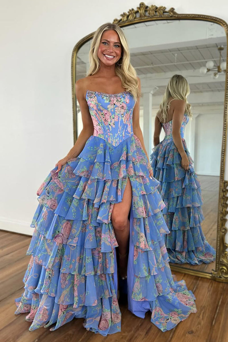 A-Line Strapless Floral Printed Chiffon Ruffle Tiered Corset Long Prom Dresses with Slit