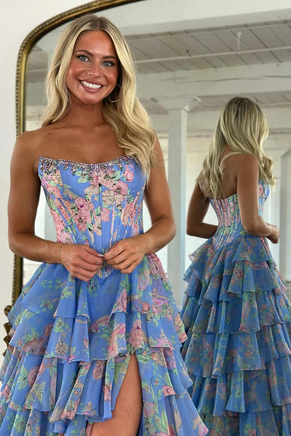 A-Line Strapless Floral Printed Chiffon Ruffle Tiered Corset Long Prom Dresses with Slit