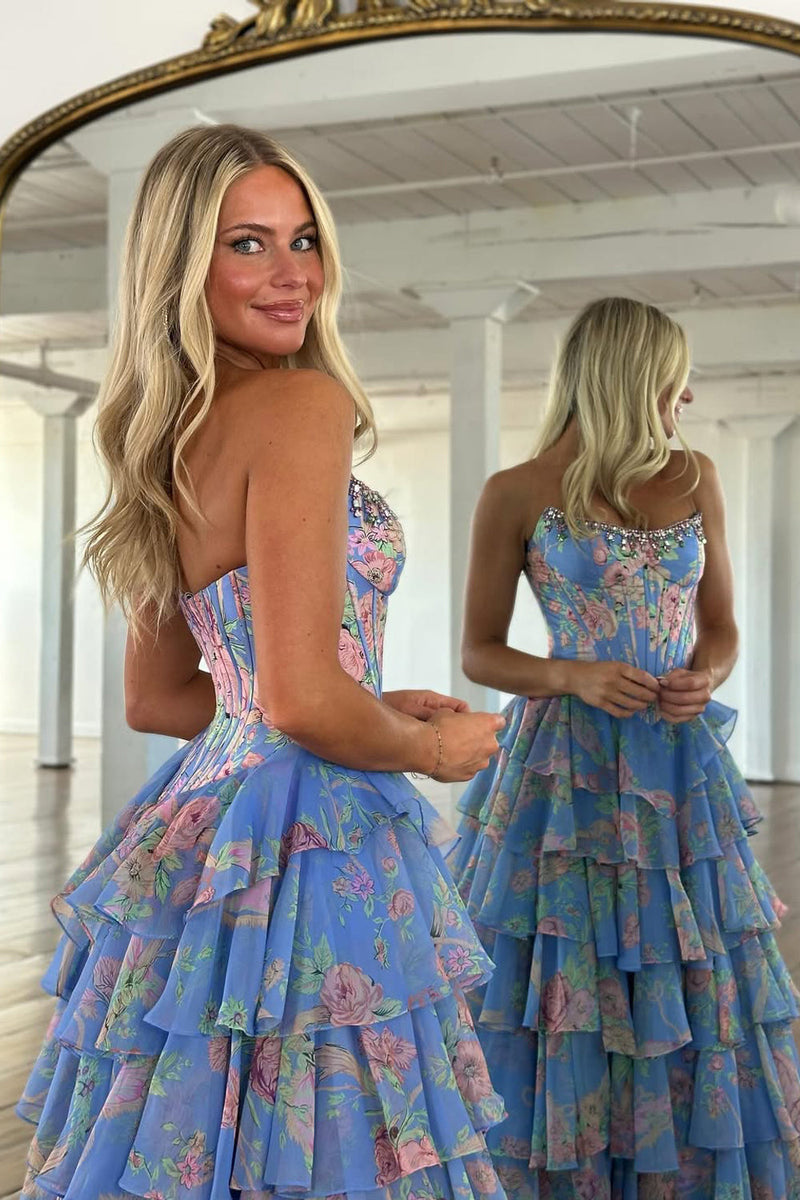 A-Line Strapless Floral Printed Chiffon Ruffle Tiered Corset Long Prom Dresses with Slit