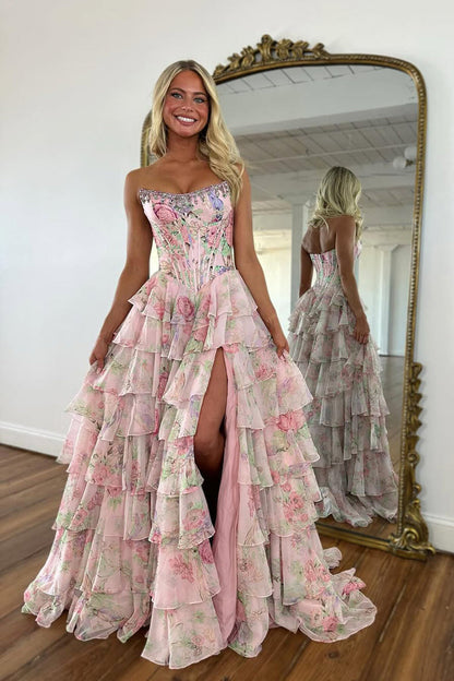 A-Line Strapless Floral Printed Chiffon Ruffle Tiered Corset Long Prom Dresses with Slit