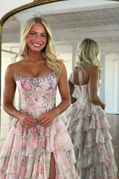 A-Line Strapless Floral Printed Chiffon Ruffle Tiered Corset Long Prom Dresses with Slit