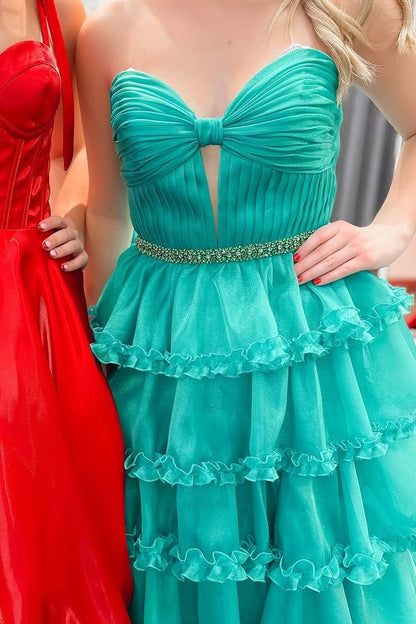 A-Line Strapless Keyhole Empire-Waist Layered Prom Dress with Slit