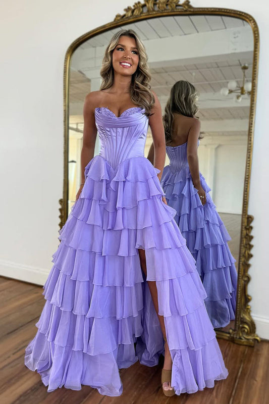 A-Line Strapless Lilac Ruffle Tiered Long Prom Dress with Slit