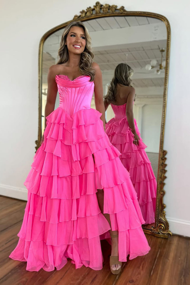 A-Line Strapless Lilac Ruffle Tiered Long Prom Dress with Slit