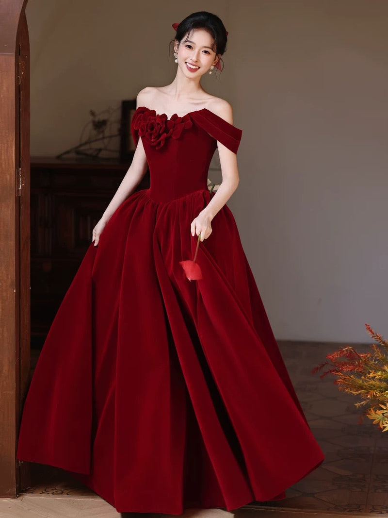 A-Line Sweetheart Neck Off Shoulder Floor Length Burgundy Prom Dress