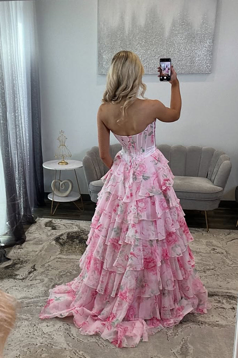 A Line Sweetheart Pink Floral Chiffon Prom Dress with Appliques