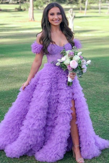 A-Line Sweet Pink Off-the-Shoulder Bustier Feather Prom Gown
