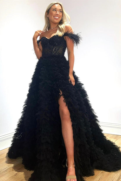 A-Line Sweet Pink Off-the-Shoulder Bustier Feather Prom Gown