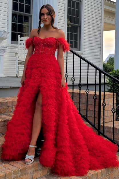 A-Line Sweet Pink Off-the-Shoulder Bustier Feather Prom Gown