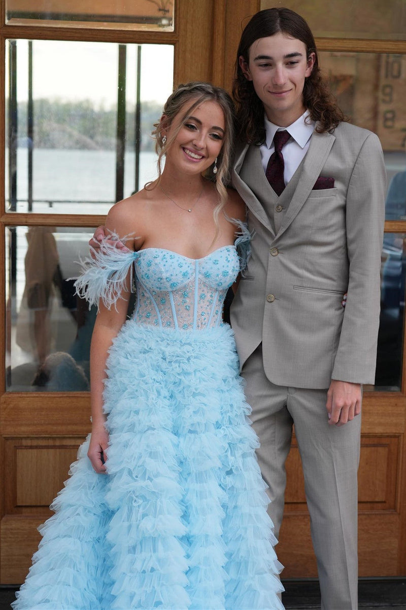 A-Line Sweet Pink Off-the-Shoulder Bustier Feather Prom Gown