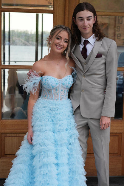 A-Line Sweet Pink Off-the-Shoulder Bustier Feather Prom Gown