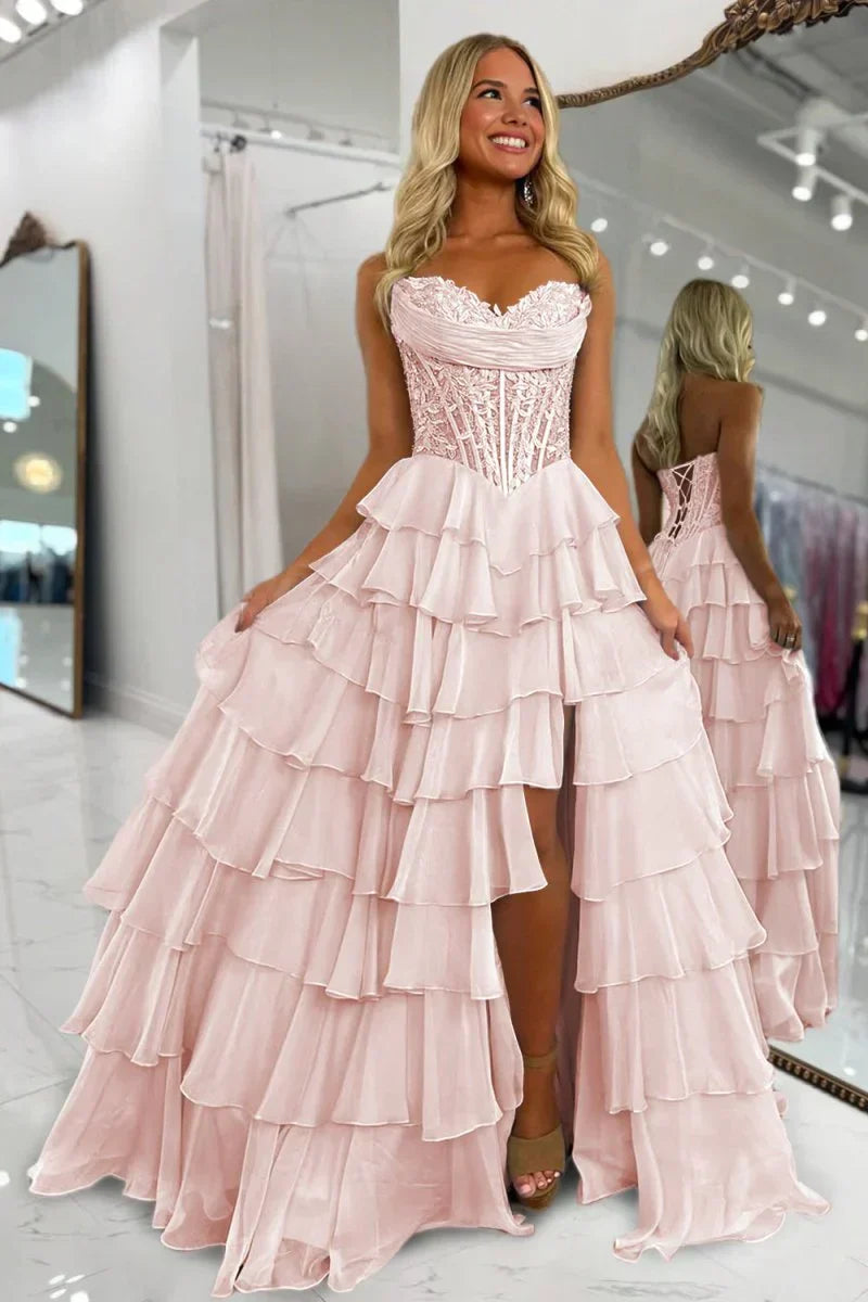A Line Sweetheart Red Chiffon Long Prom Dress with Appliques