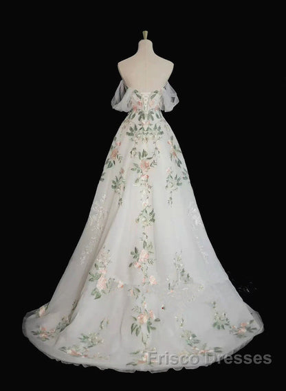 A-Line Tulle With Flower Lace White Wedding Party Dress, White Tulle Evening Dress Formal Prom Dress