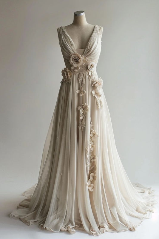 A-line V-Neck Beaded Chiffon Long Prom Dress, Vintage Applique Wedding Dress