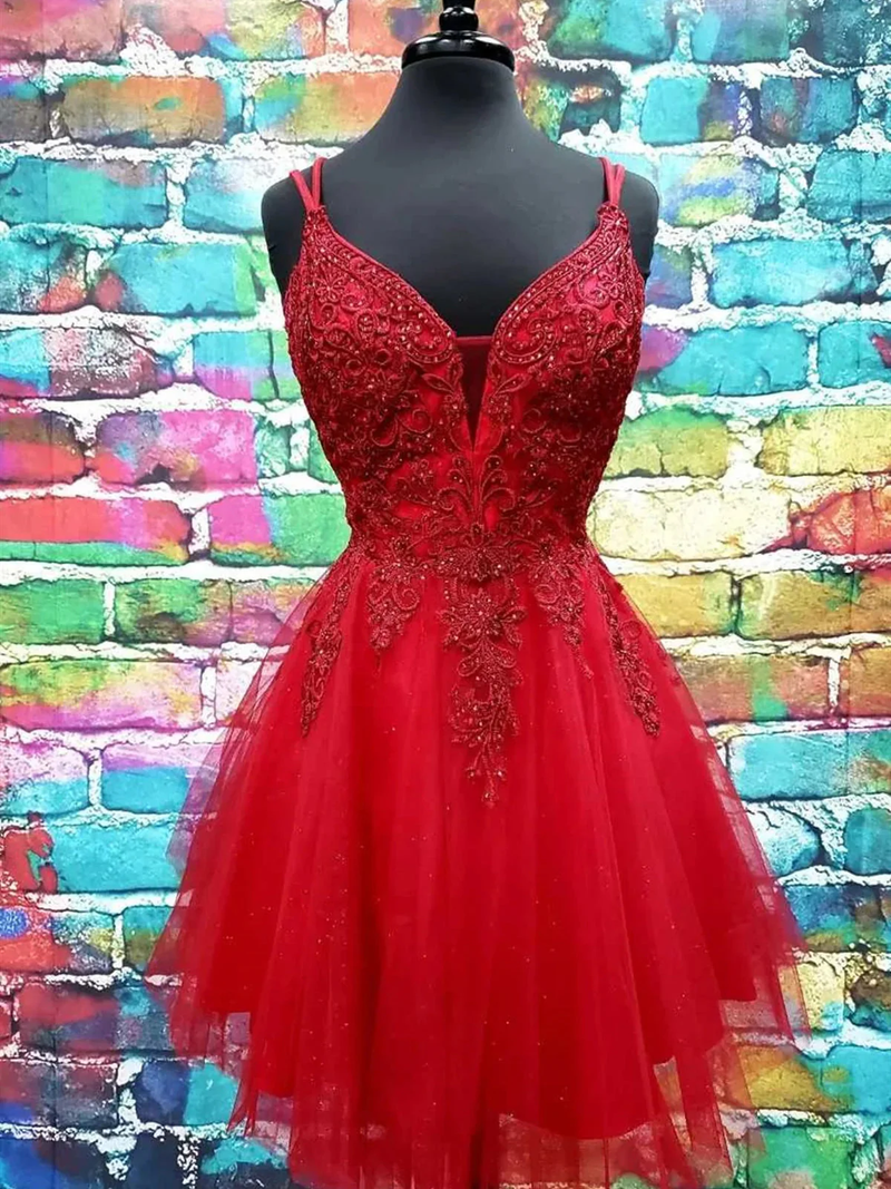 A Line V Neck Short Lace Prom Dresses, Short Formal Homecoming Dresses