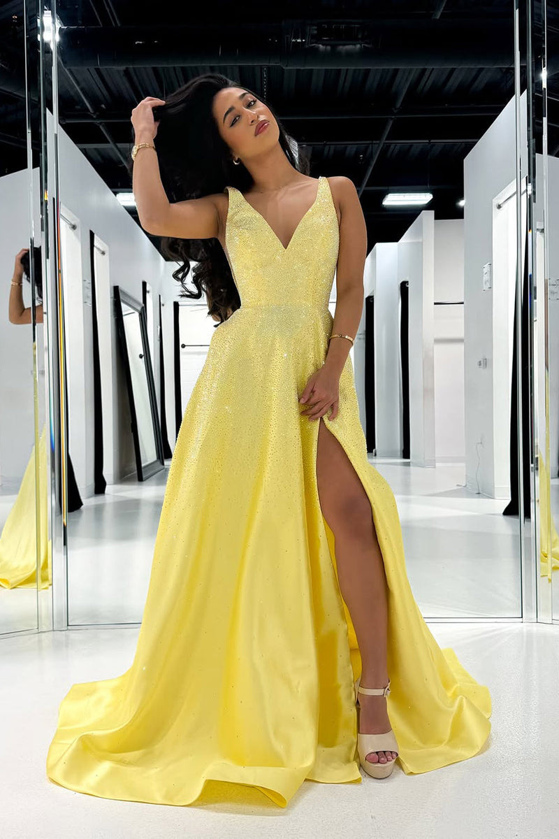 A-Line V Neck Yellow Beads Long Prom Dresses with Slit