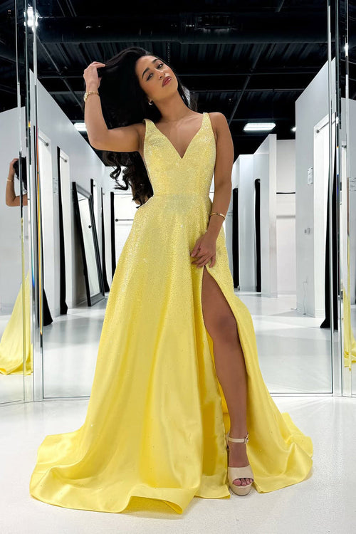 A-Line V Neck Yellow Beads Long Prom Dresses with Slit