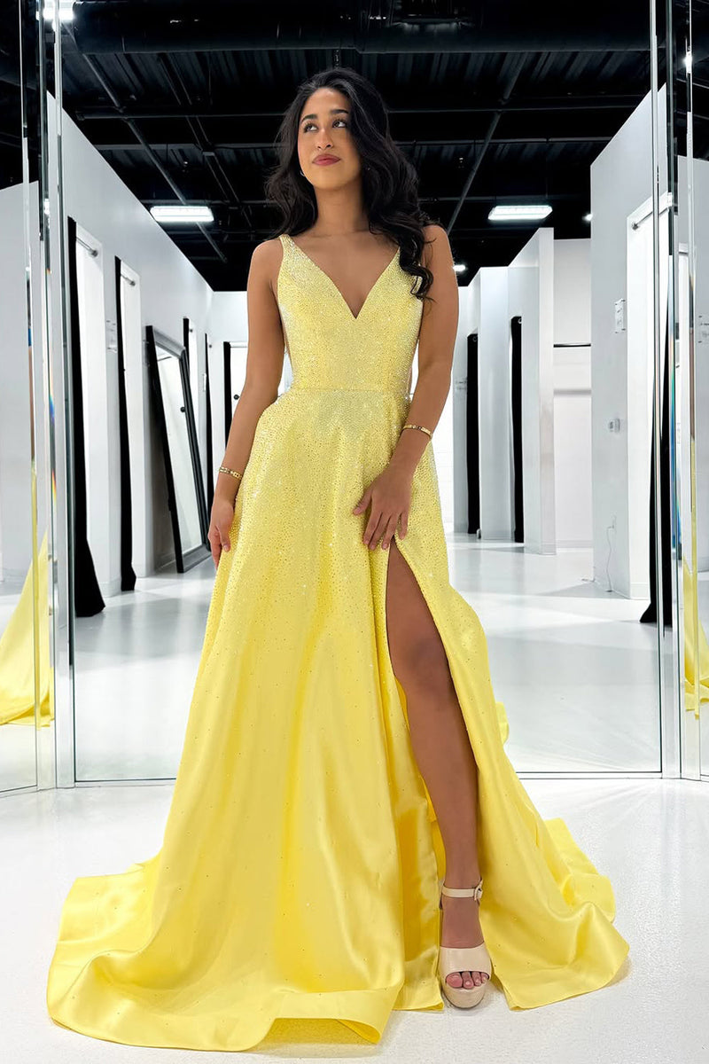 A-Line V Neck Yellow Beads Long Prom Dresses with Slit