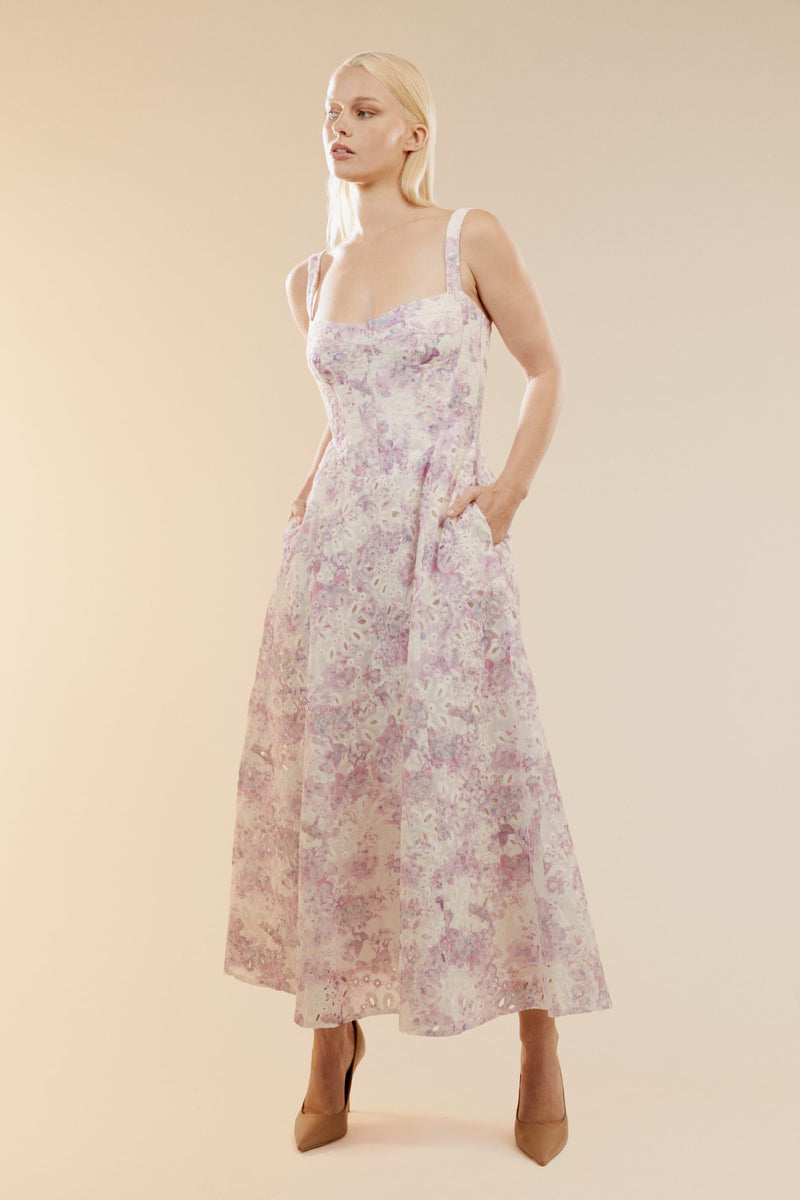 Adaline Broderie Midi Dress - Lilac Floral - SHOPJAUS - JAUS