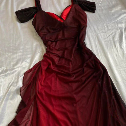 Gradient Red Spaghetti Straps Sweetheart Neck Glitter Chiffon Ruffles Sheath Party Prom Dress