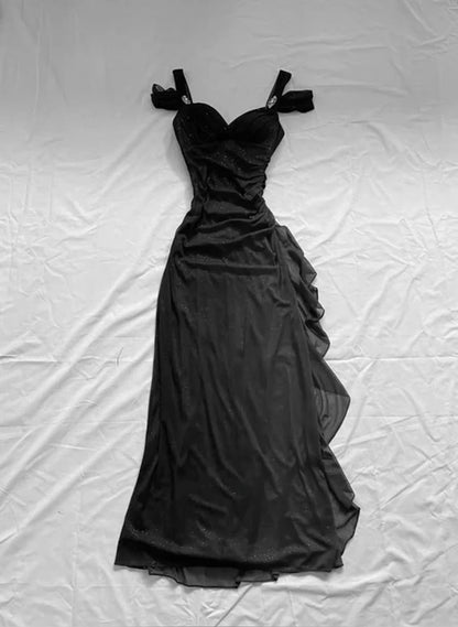 Gradient Black Spaghetti Straps Sweetheart Neck Glitter Chiffon Ruffles Sheath Party Prom Dress
