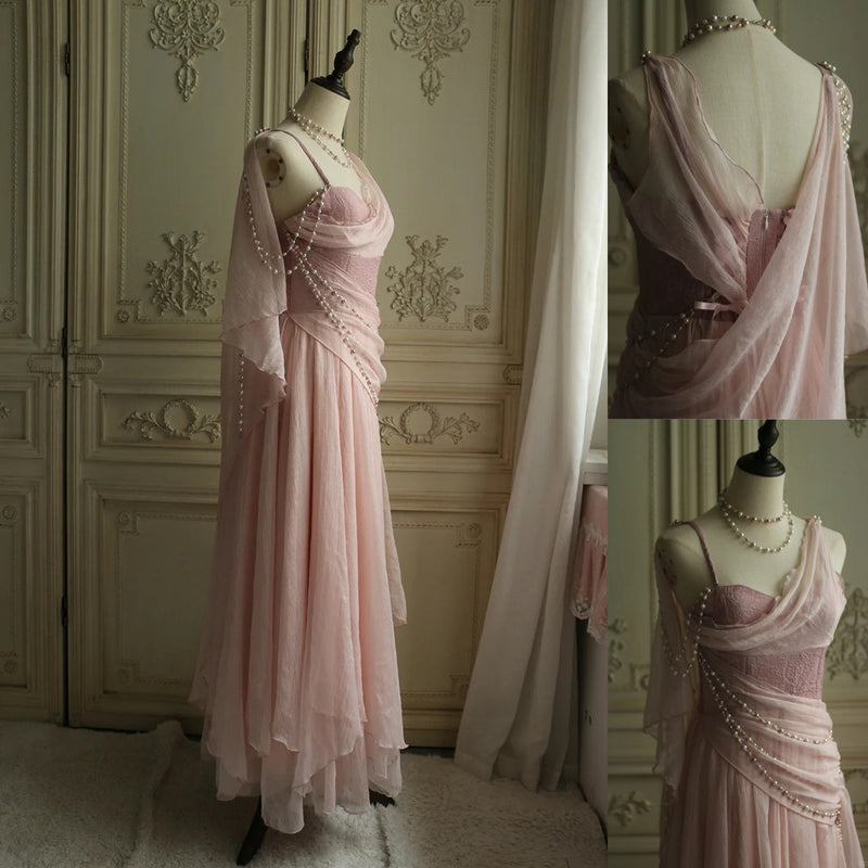Affordable Prom Dresses Under $180||Lovely Pink 🩷Chiffon Prom Dress Princess Pearls Spaghetti Straps Evening Dresses