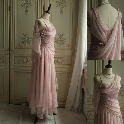 Affordable Prom Dresses Under $180||Lovely Pink 🩷Chiffon Prom Dress Princess Pearls Spaghetti Straps Evening Dresses