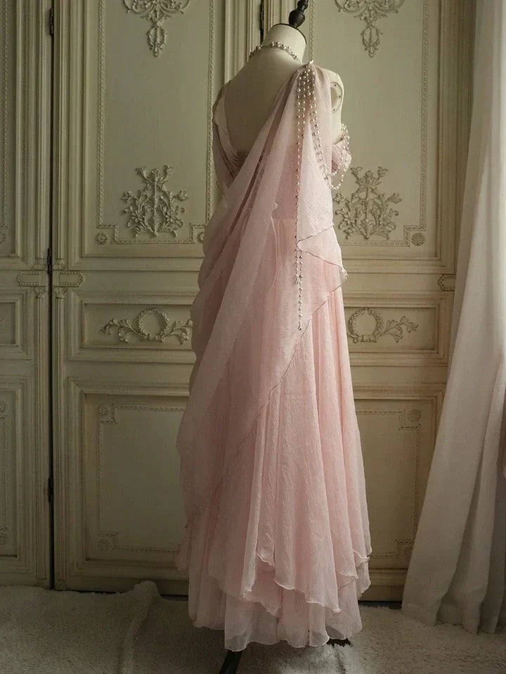 Spaghetti Strap Pink Chiffon Zipper or Tie Ballgown Dress with PearlsBirthday&amp;Quinceanera