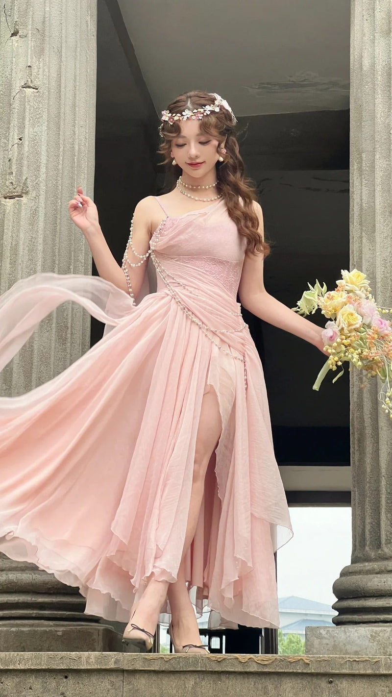 Affordable Prom Dresses Under $180||Lovely Pink 🩷Chiffon Prom Dress Princess Pearls Spaghetti Straps Evening Dresses