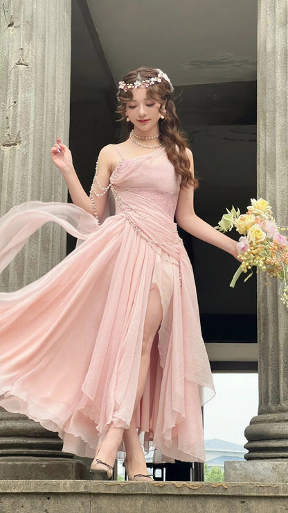 Affordable Prom Dresses Under $180||Lovely Pink 🩷Chiffon Prom Dress Princess Pearls Spaghetti Straps Evening Dresses
