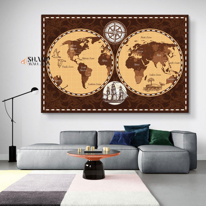 Antique World Map Wall Art - Old Fashioned World Map - SharpWallArts