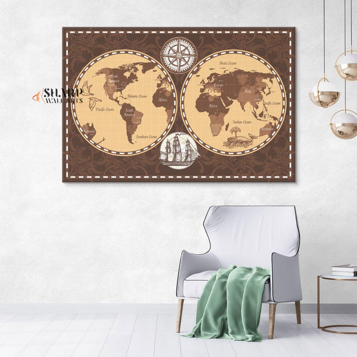 Antique World Map Wall Art - Old Fashioned World Map - SharpWallArts