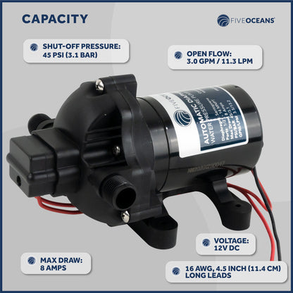Automatic Diaphragm Water Pump, 3.0 GPM / 11.3 LPM, 45PSI, 12V DC - FO3605 - Five Oceans