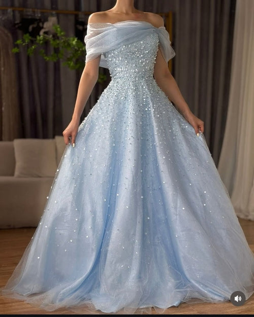Baby Blue Off-Shoulders Prom Dress Floor Length with Sequins