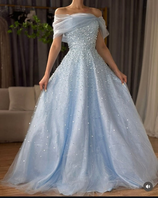 Baby Blue Off-Shoulders Prom Dress Floor Length with Sequins