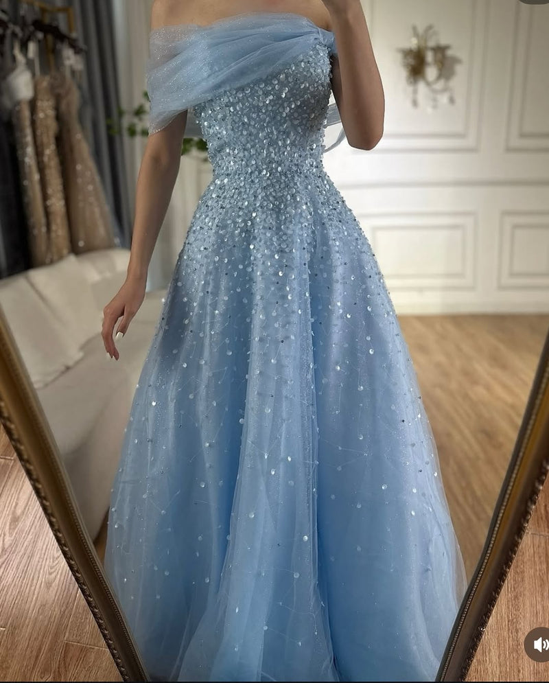 Baby Blue Off-Shoulders Prom Dress Floor Length with Sequins