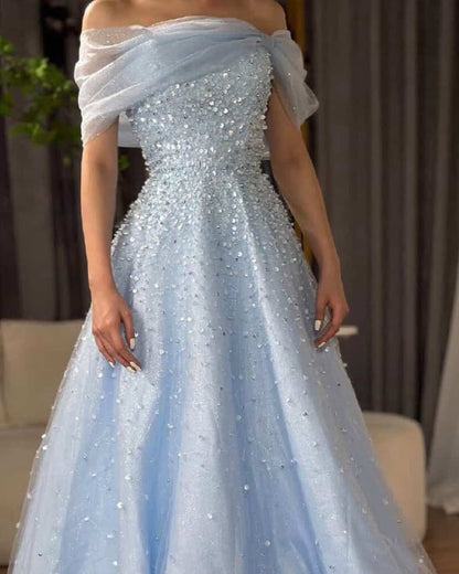 Baby Blue Off-Shoulders Prom Dress Floor Length with Sequins