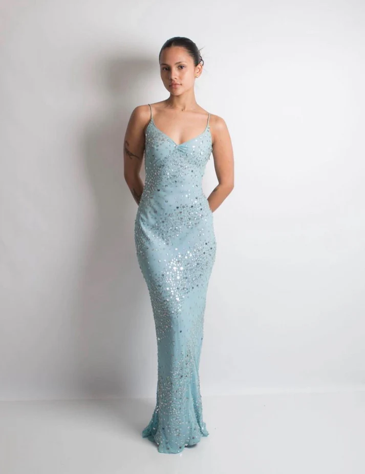 Baby Blue Sheath Spaghetti Straps Sequin Beaded Chiffon Prom Dress Wedding Guest Dress
