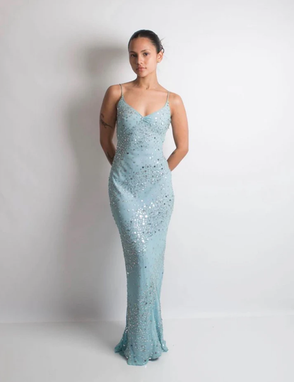 Baby Blue Sheath Spaghetti Straps Sequin Beaded Chiffon Prom Dress Wedding Guest Dress