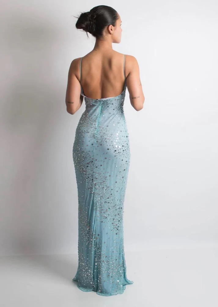 Baby Blue Sheath Spaghetti Straps Sequin Beaded Chiffon Prom Dress Wedding Guest Dress